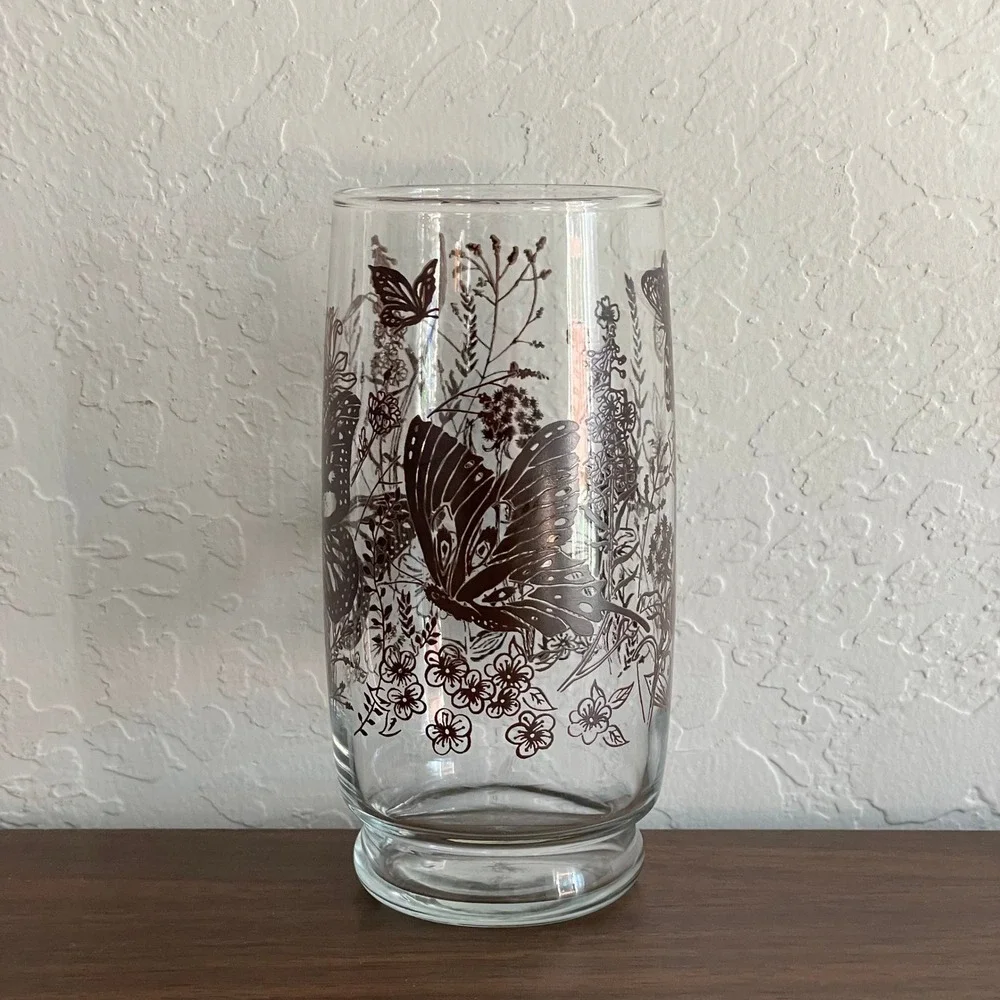 Vintage Butterfly Glassware Set (4) 70s 60s Brown Glasses Floral‎
